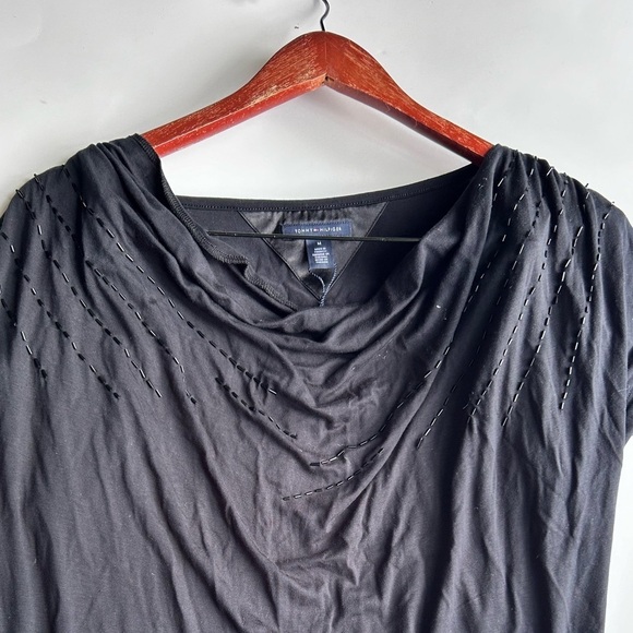 Nwt tommy hilfiger black jersey draped neck soft dress knee length cap sleeves m - Picture 4 of 6